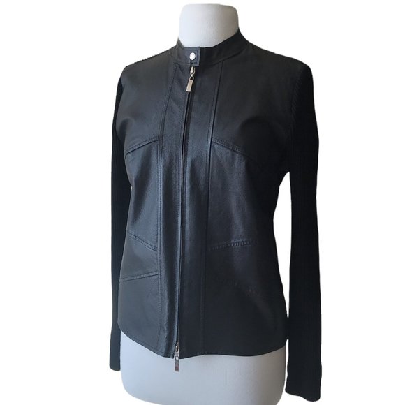 Katherine Barclay Jackets & Blazers - KATHERINE BARCLAY Black LEATHER KNIT Biker MOTO JACKET! Size L/G